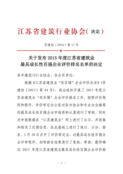 我公司荣获2015年度江苏省最具成长性百强企业奖