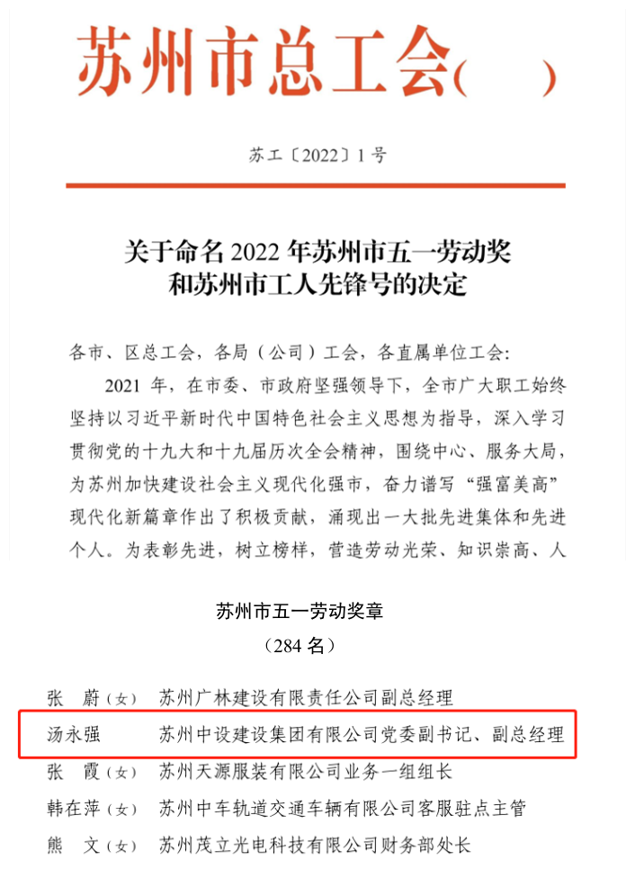 集团党委副书记、副总经理汤永强获得2022年苏州市“五一劳动奖章”