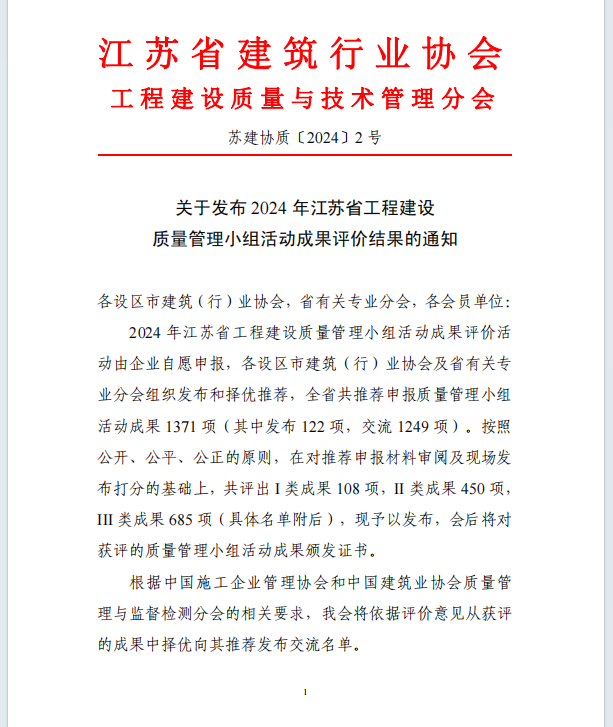 【喜讯】集团公司多项QC成果荣获2024年江苏省建设质量管理小组活动成果奖、多项工法被评为江苏省省级工法